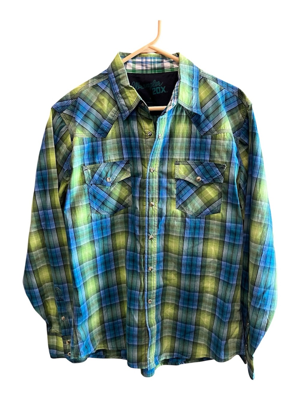 Wrangler 20X Green & Blue Plaid Pearl Snap Western Shirt